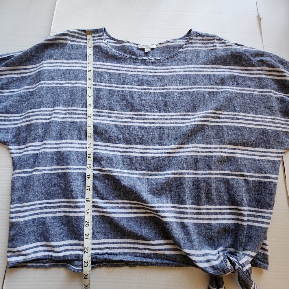 Beach Lunch Lounge Size Large Blue White Linen Blend Boxy Striped Side Tie Top - Picture 12 of 13
